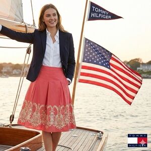 Tommy Hilfiger Vintage Embroidered Pleated Skirt Cotton Coral 14P